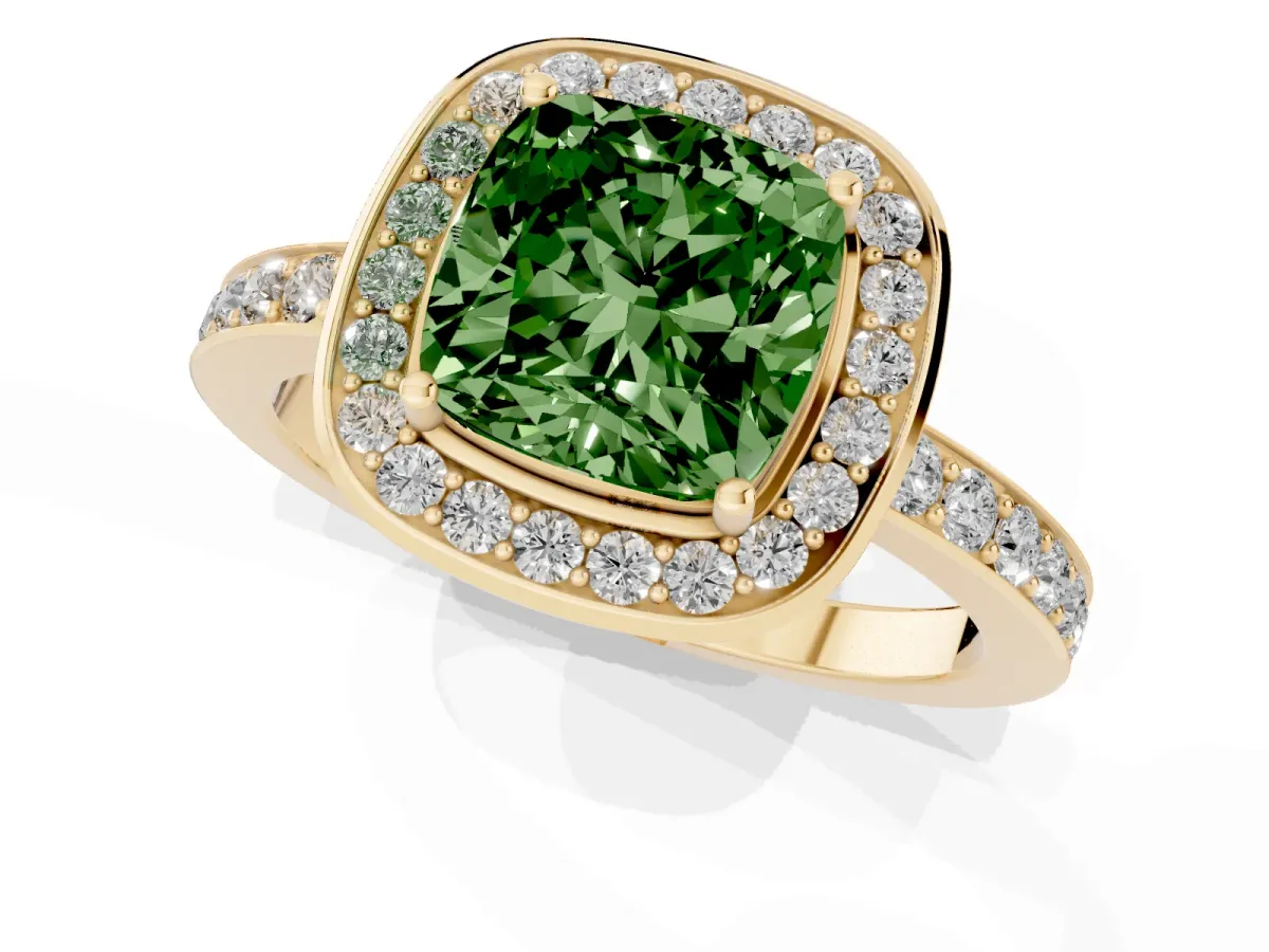 Fancy Green Cushion Cut Diamond Halo Ring with Bezel Frame and Pavé Band Yellow gold