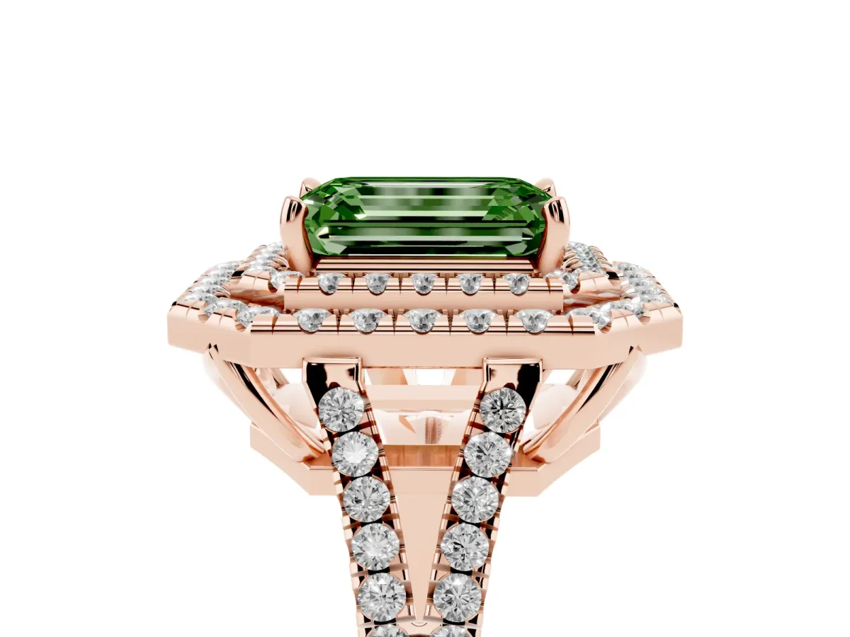 Fancy Green Emerald Cut Diamond Double Halo Ring with Pavé Band and Prong Setting Rose gold