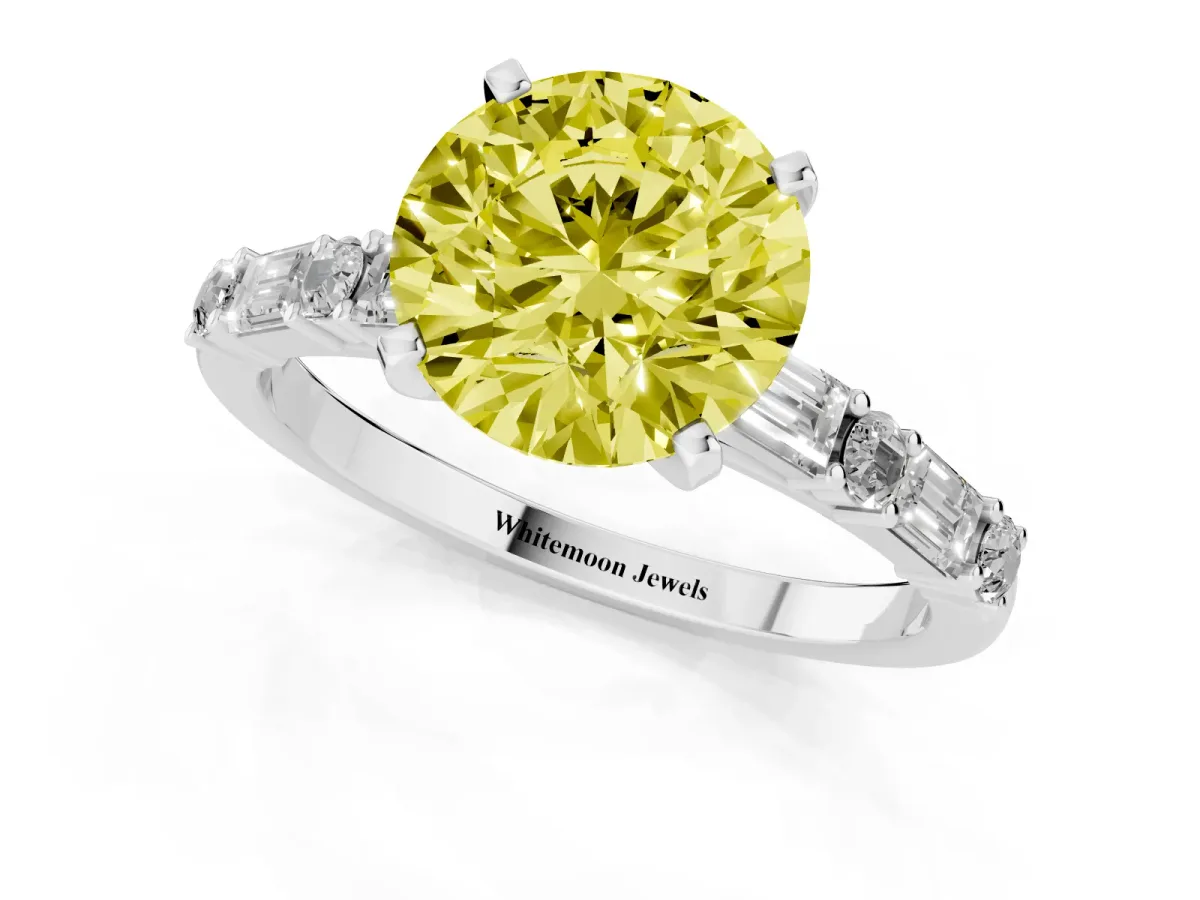 Fancy Yellow Round Cut Diamond Solitaire with Side Baguettes and Channel Set Band Platinum