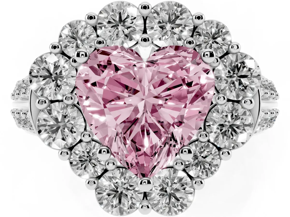 Fancy Pink Heart Cut Halo Diamond Engagement Ring with Split Shank and Prong Setting Silver