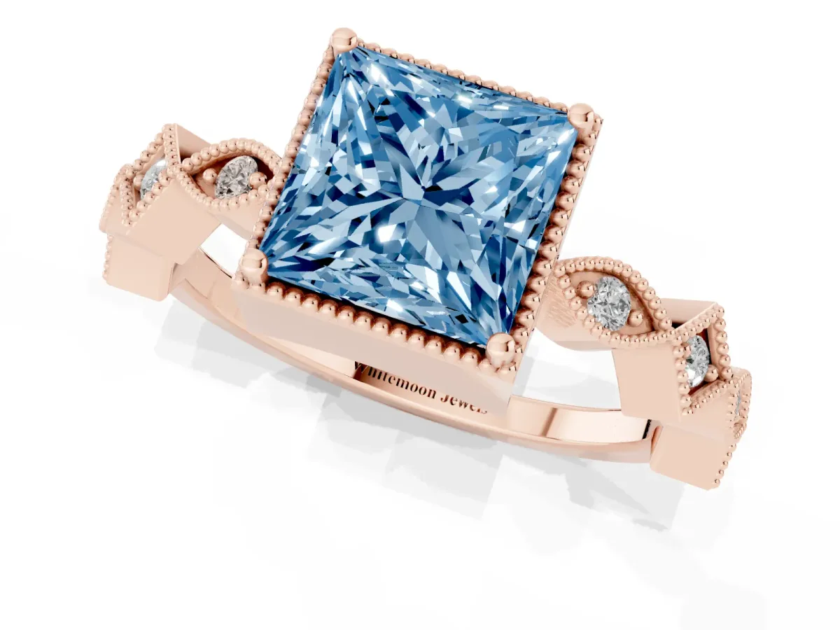 Fancy Blue Princess Cut Milgrain Marquise Diamond Twist Band Ring Rose gold