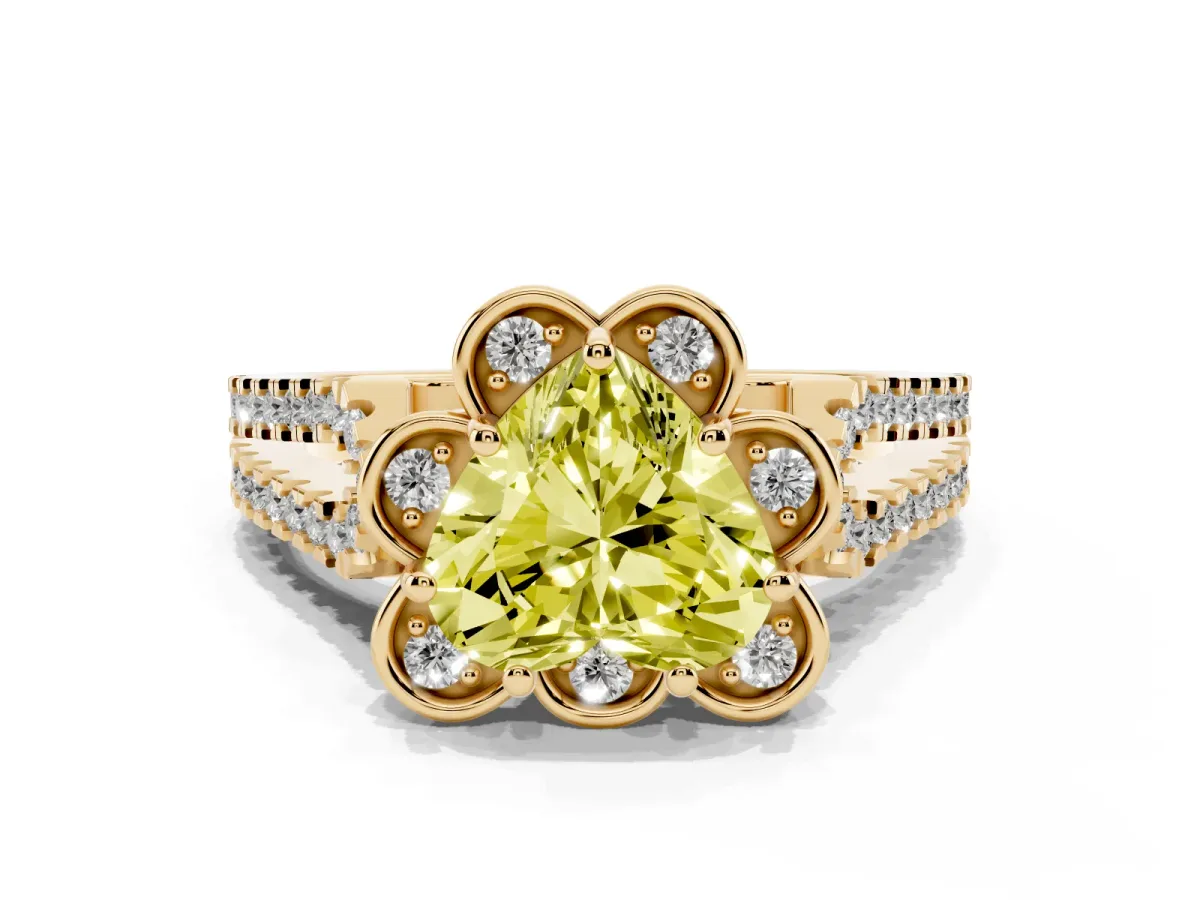 Fancy Yellow Heart Cut Halo Diamond Floral Split Shank Engagement Ring Yellow gold
