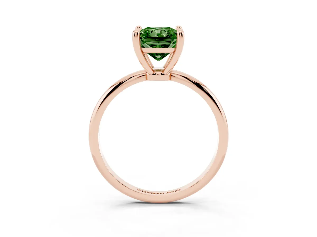 Fancy Green Radiant Cut Solitaire Diamond Ring with 4-Prong Setting on a Classic Band Rose gold