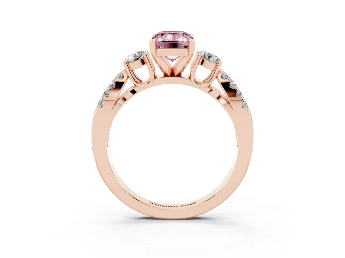 Fancy Pink Emerald Cut Diamond Three-Stone Ring with Pavé Split Shank and Four-Prong Setting Rose gold