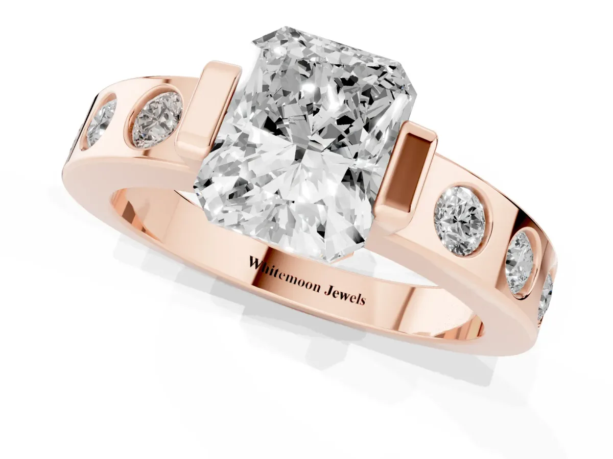 Radiant Cut Brilliant Channel-Set Diamond Ring with Bezel Prong Setting Rose gold
