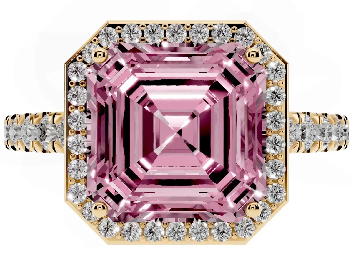 Fancy Pink Asscher Cut Cut Halo Diamond Engagement Ring with Pave Band and Four-Prong Setting Yellow gold