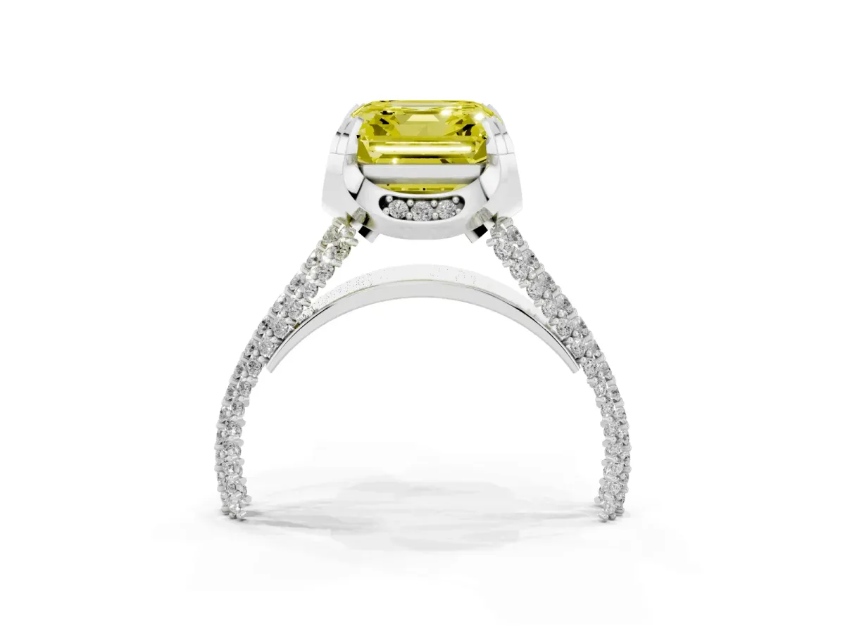 Fancy Yellow Asscher Cut Solitaire Pave Split Shank Ring with Four-Prong Setting Platinum