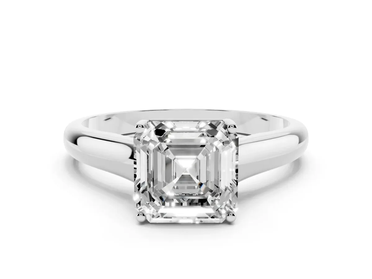 Asscher Cut Solitaire Engagement Ring with Tapered Band and Four-Prong Setting Silver