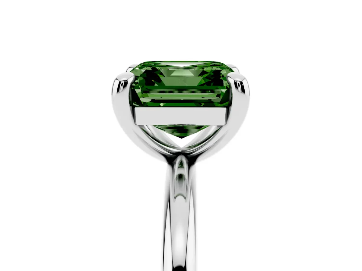Fancy Green Asscher Cut Solitaire Diamond Ring with Four-Prong Setting on a Plain Band Platinum