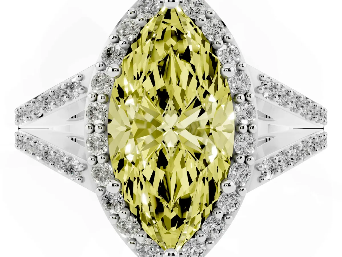 Fancy Yellow Marquise Cut Halo Split Shank Diamond Ring with Prong Setting Platinum