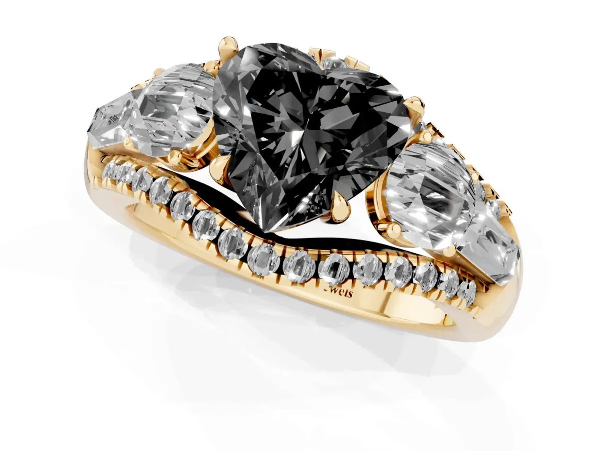 Fancy Black Three-Stone Heart Cut Diamond Engagement Ring with Pave Band and Prong Setting Yellow gold