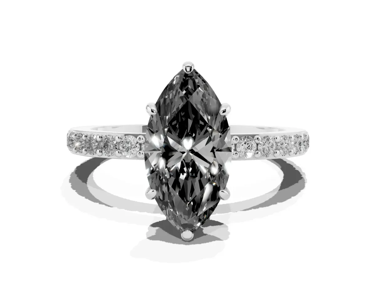 Fancy Black Marquise Cut Diamond Pavé Engagement Ring with Round Accents and Prong Setting Silver