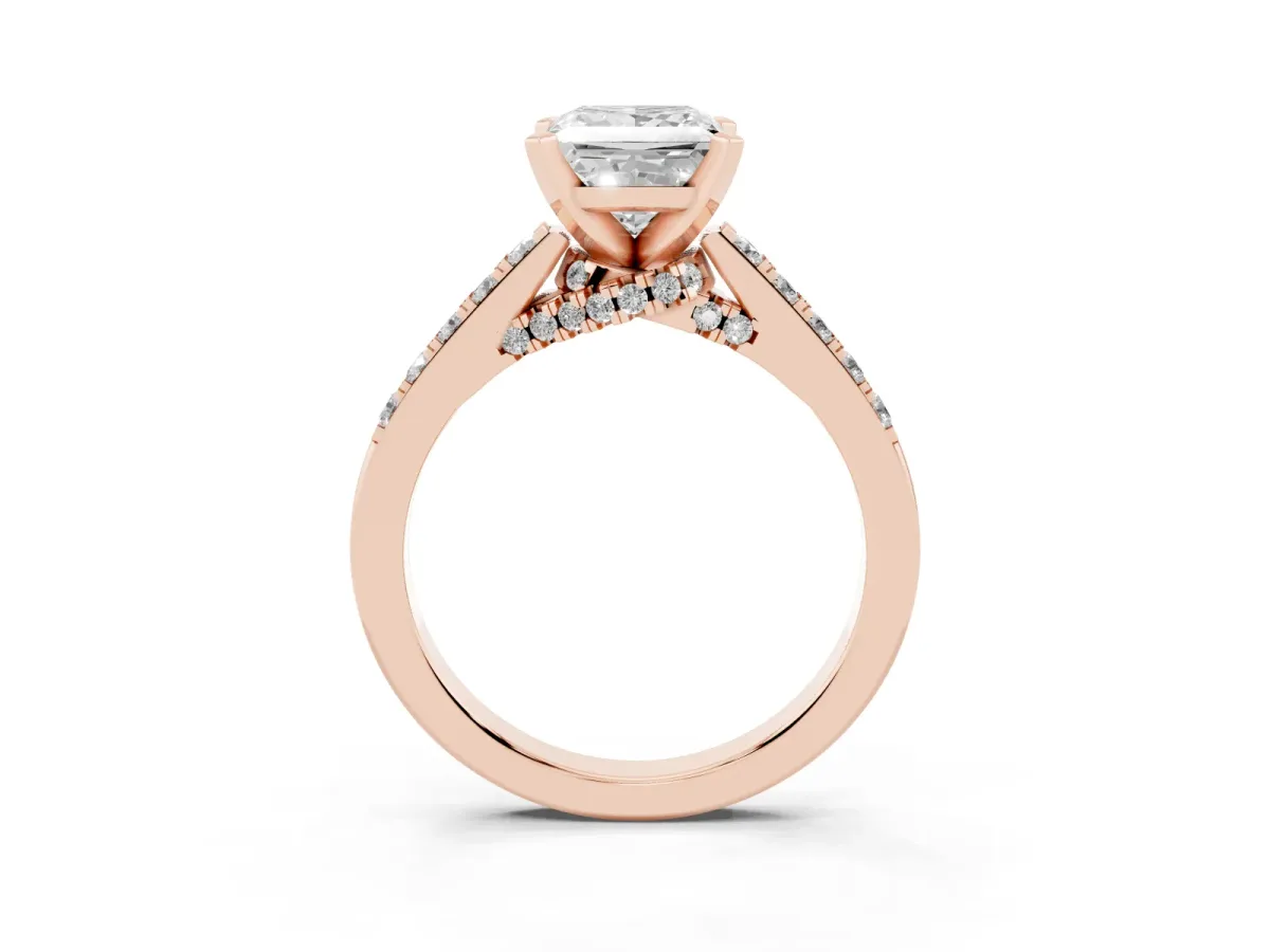 Princess Cut Diamond Solitaire Ring with Crossover Gallery and Round Pavé Band Rose gold