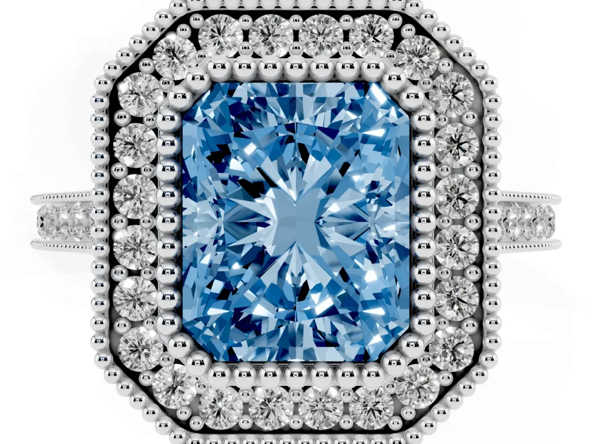 Fancy Blue Radiant Cut Diamond Halo Ring with Milgrain Frame and Pavé Band White gold