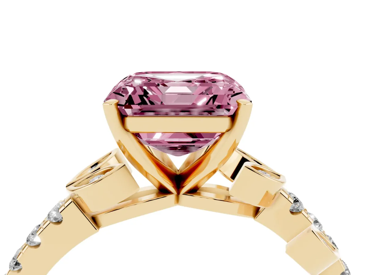 Fancy Pink Asscher Cut Solitaire Leaf-Inspired Diamond Ring with Pavé Band and Four-Prong Setting Yellow gold