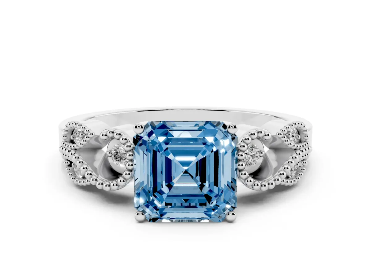 Fancy Blue Asscher Cut Solitaire Milgrain Leaf Band with Prong Setting Silver