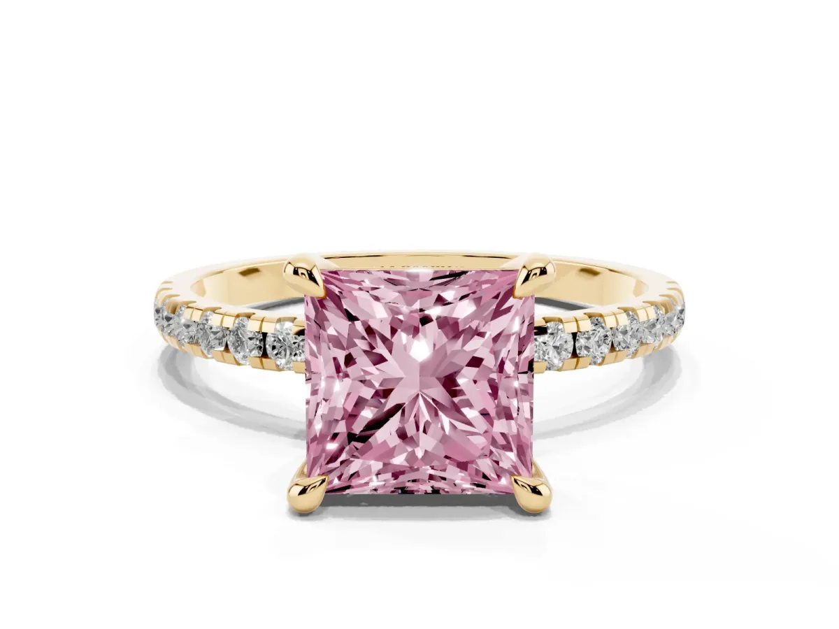Fancy Pink Princess Cut Diamond Brilliant Solitaire Ring with Pavé Band and Four-Prong Setting Yellow gold