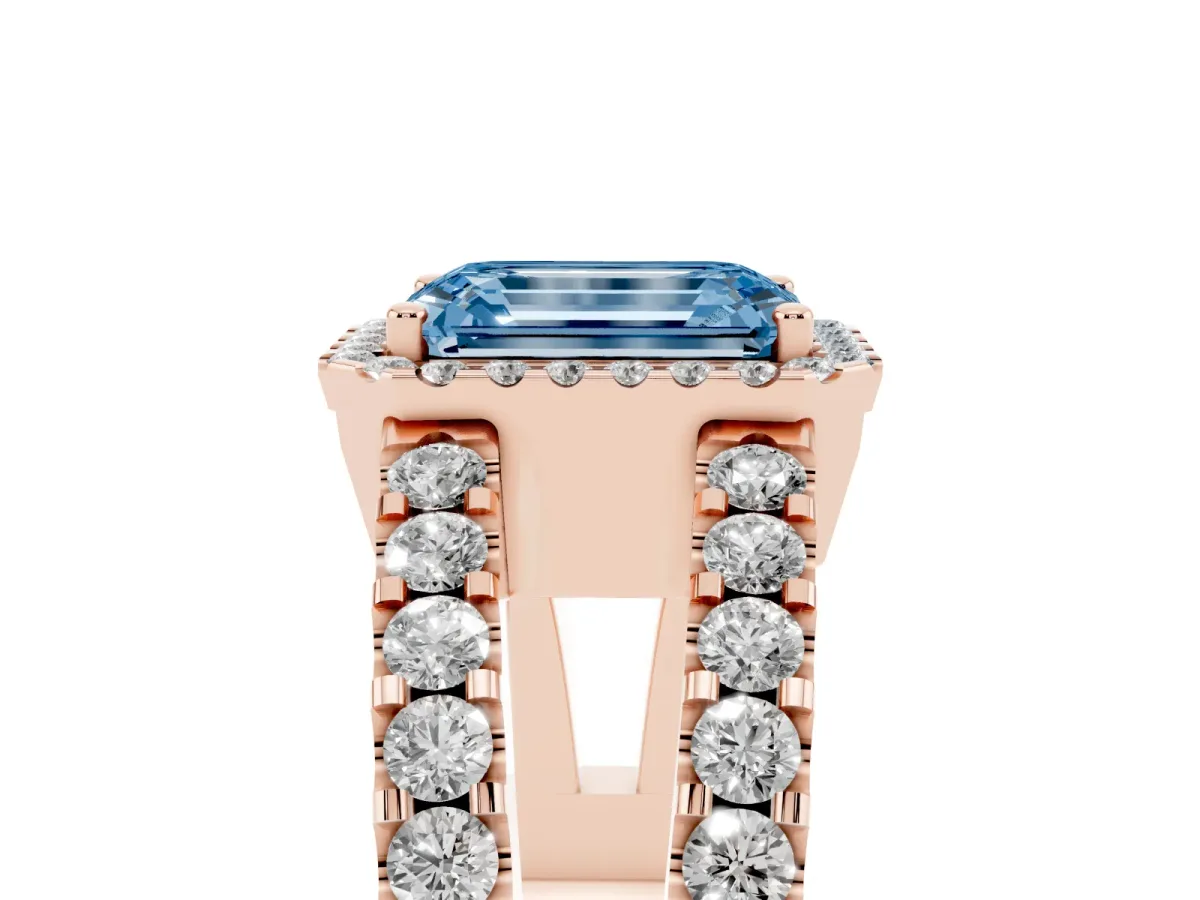 Fancy Blue Emerald Cut Cut Halo Split Shank Diamond Ring with Four-Prong Setting Rose gold