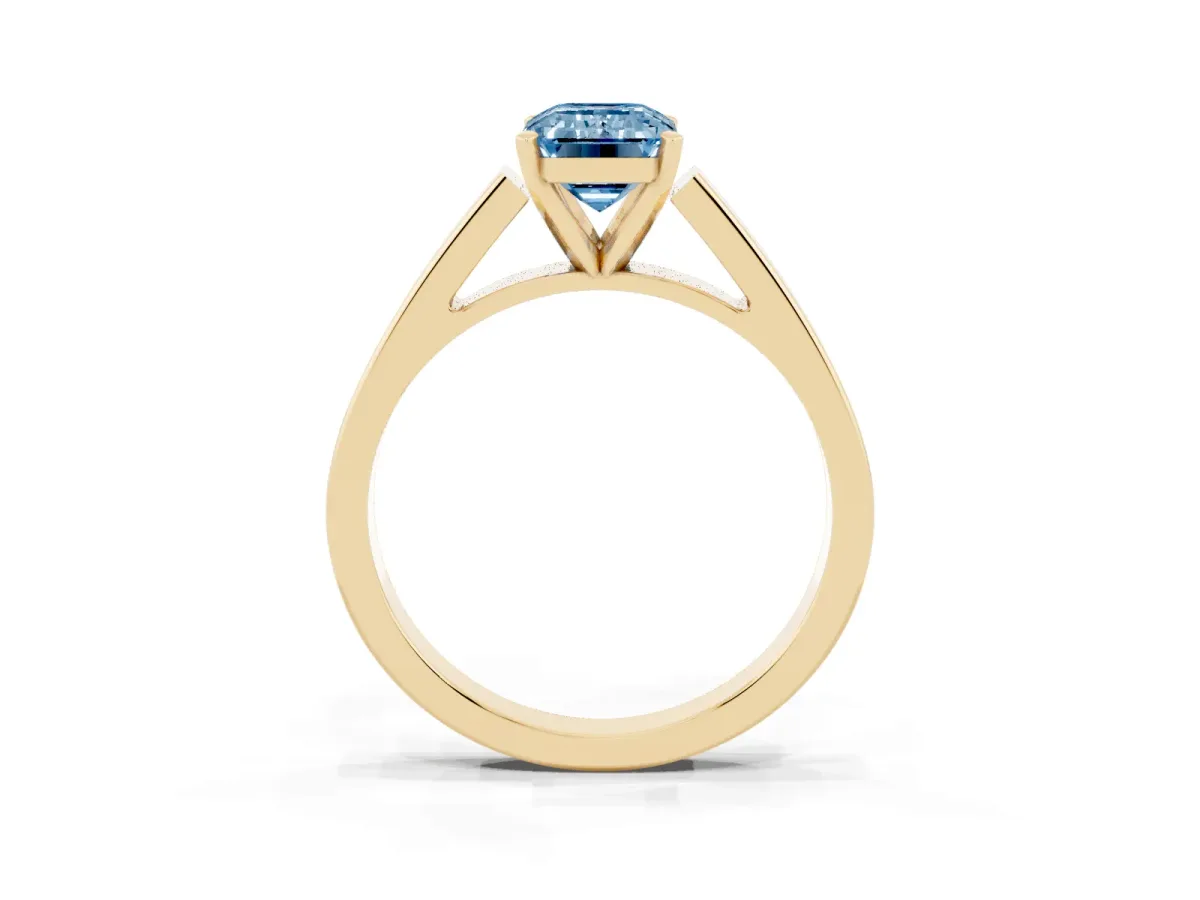 Fancy Blue Emerald Cut Solitaire Engagement Ring with Four-Prong Setting and Tapered Band Yellow gold