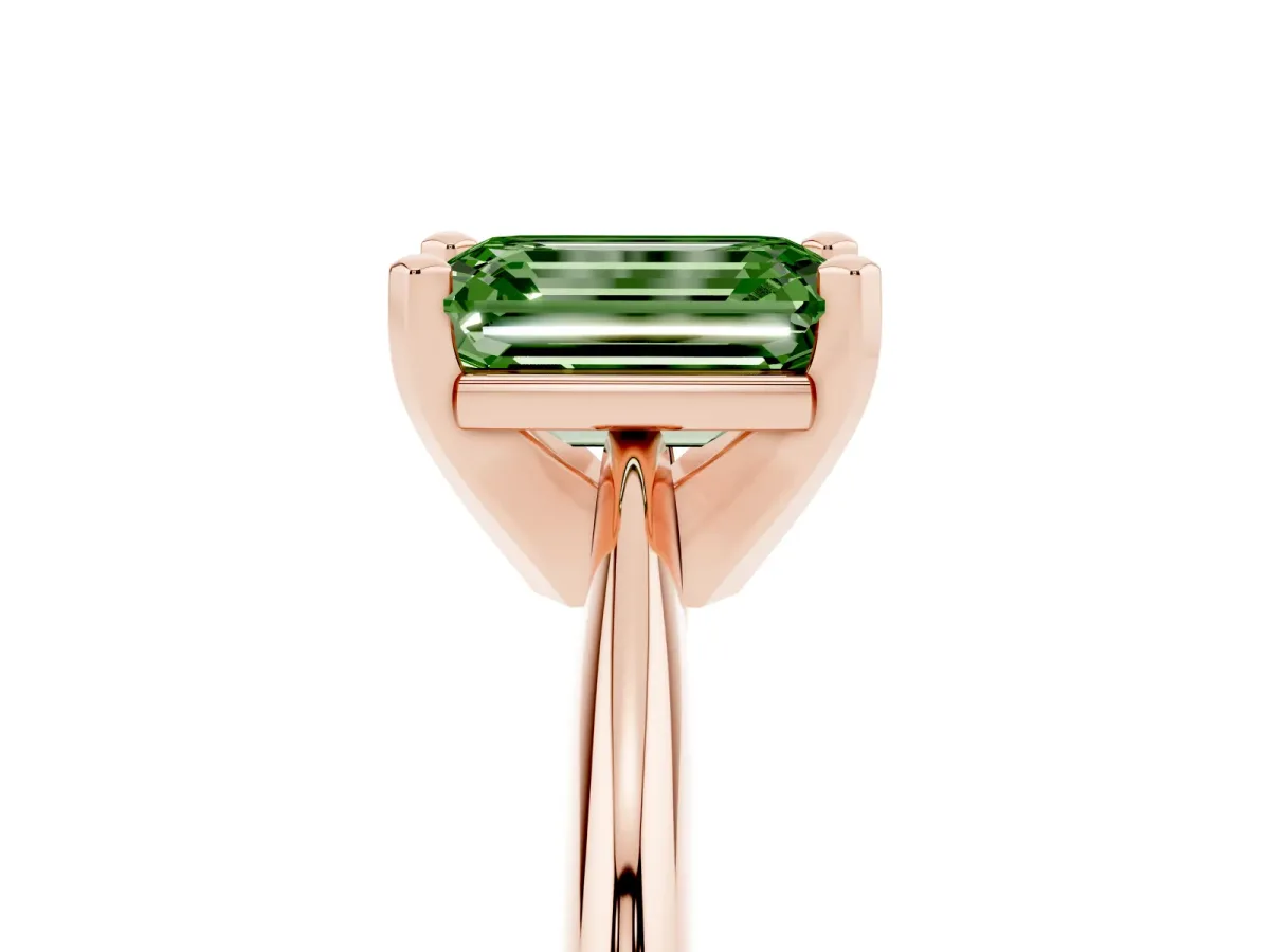 Fancy Green Emerald Cut Cut Solitaire Ring with Four-Prong Setting on a Classic Band Rose gold