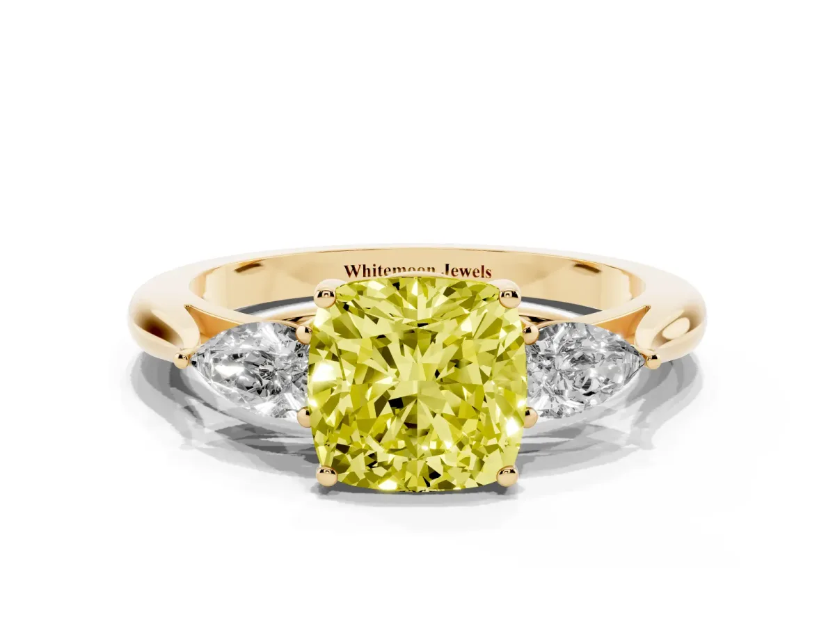 Fancy Yellow Cushion Cut Diamond Three-Stone Ring with Pear Side Stones and Prong Setting Yellow gold