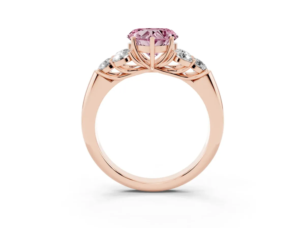 Fancy Pink Heart Cut Cut Diamond Cluster Ring with Round Accent Stones and Prong Setting on a Classic Band Rose gold