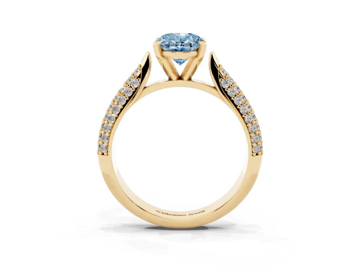 Fancy Blue Oval Cut Diamond Solitaire Engagement Ring with Multi-Row Round Pavé Band and Prong Setting Yellow gold