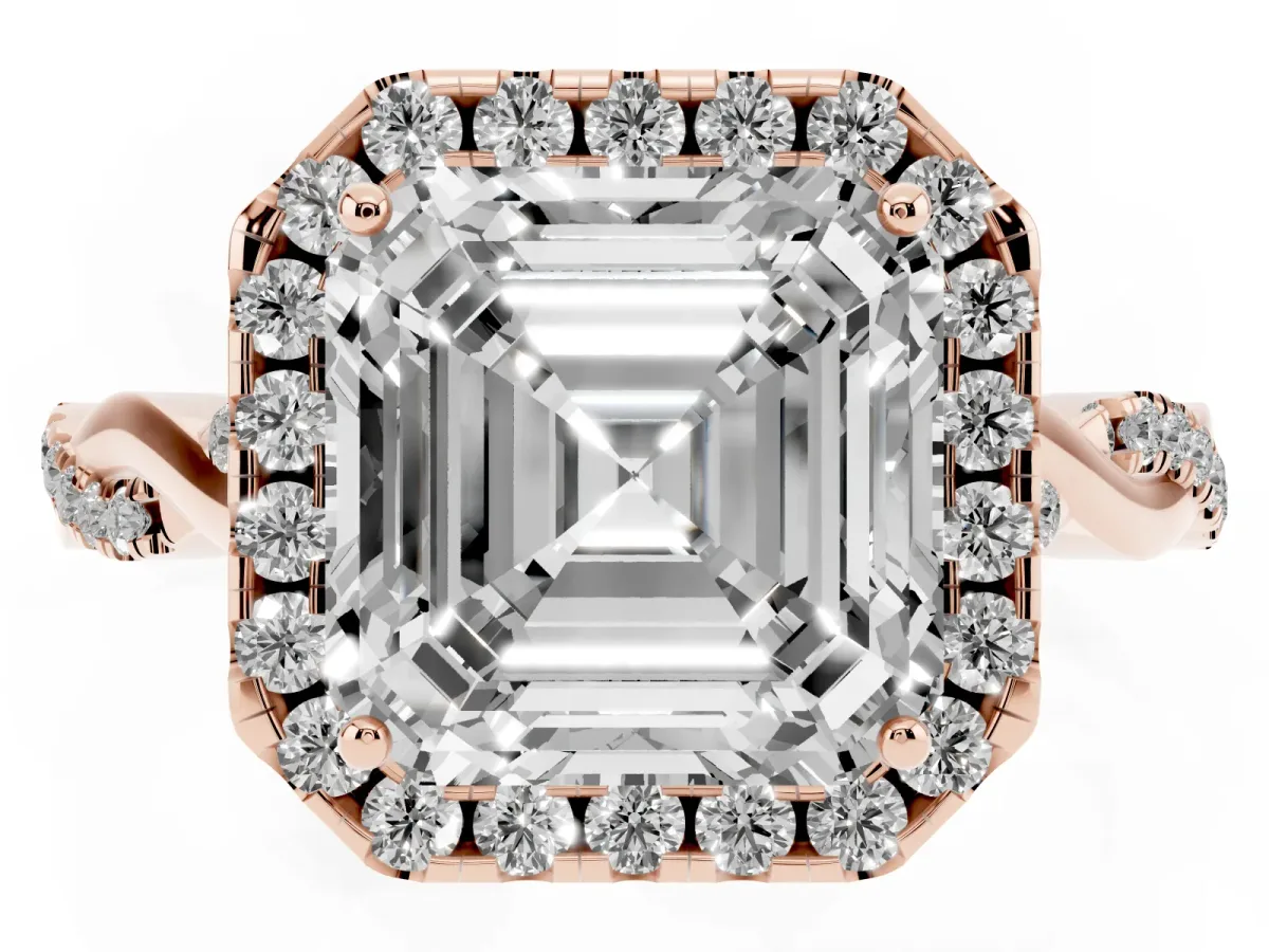 Asscher Cut Halo Twist Band Solitaire Ring Rose gold