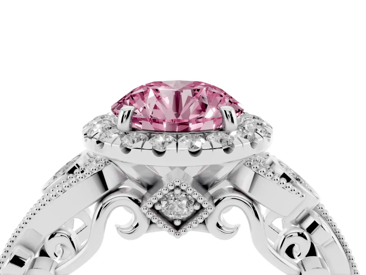 Fancy Pink Round Cut Diamond Halo Ring with Milgrain Pavé Band and Four-Prong Setting Silver