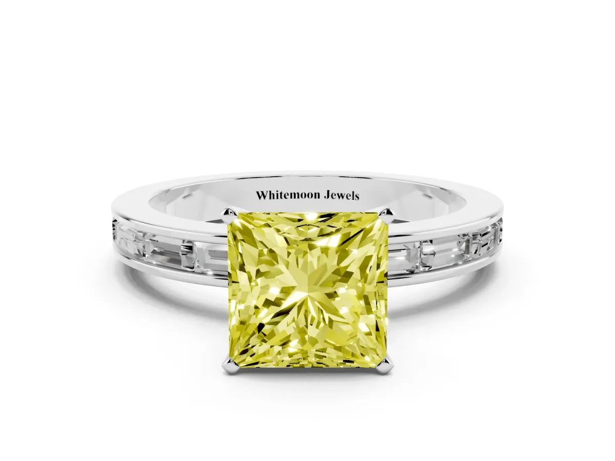 Fancy Yellow Princess Cut Solitaire Diamond Ring with Channel-Set Baguette Band and Four-Prong Setting Platinum