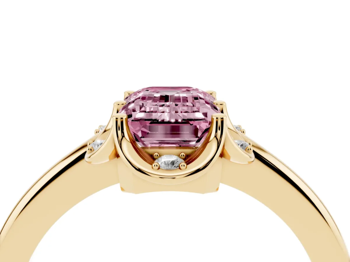 Fancy Pink Emerald Cut Halo Diamond Ring with Round Cluster Setting, Solitaire Band, and Four-Prong Setting Yellow gold
