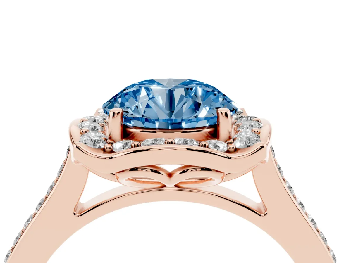 Fancy Blue Round Cut Halo Round Diamond Pave Band with Four-Prong Setting Rose gold