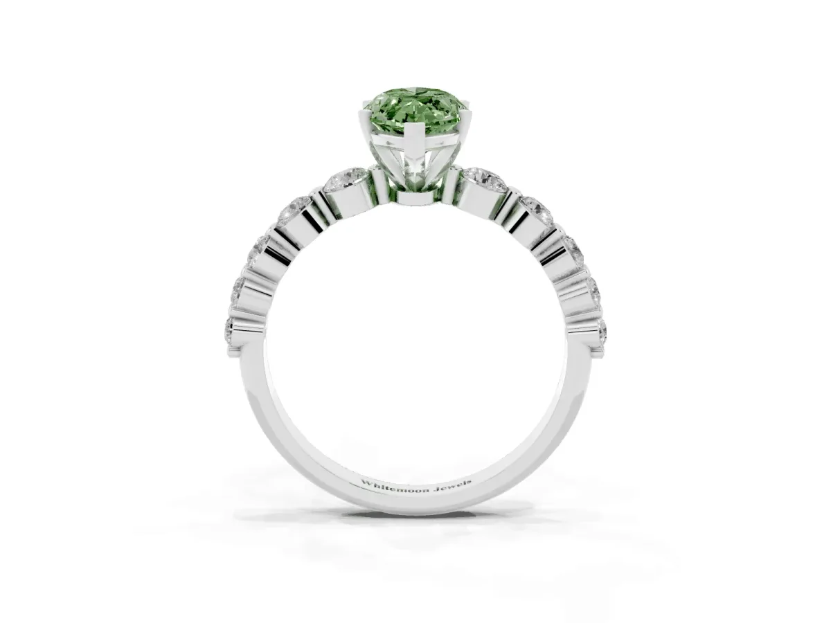 Fancy Green Marquise Cut Solitaire Diamond Ring with Pave Band and Four-Prong Setting White gold