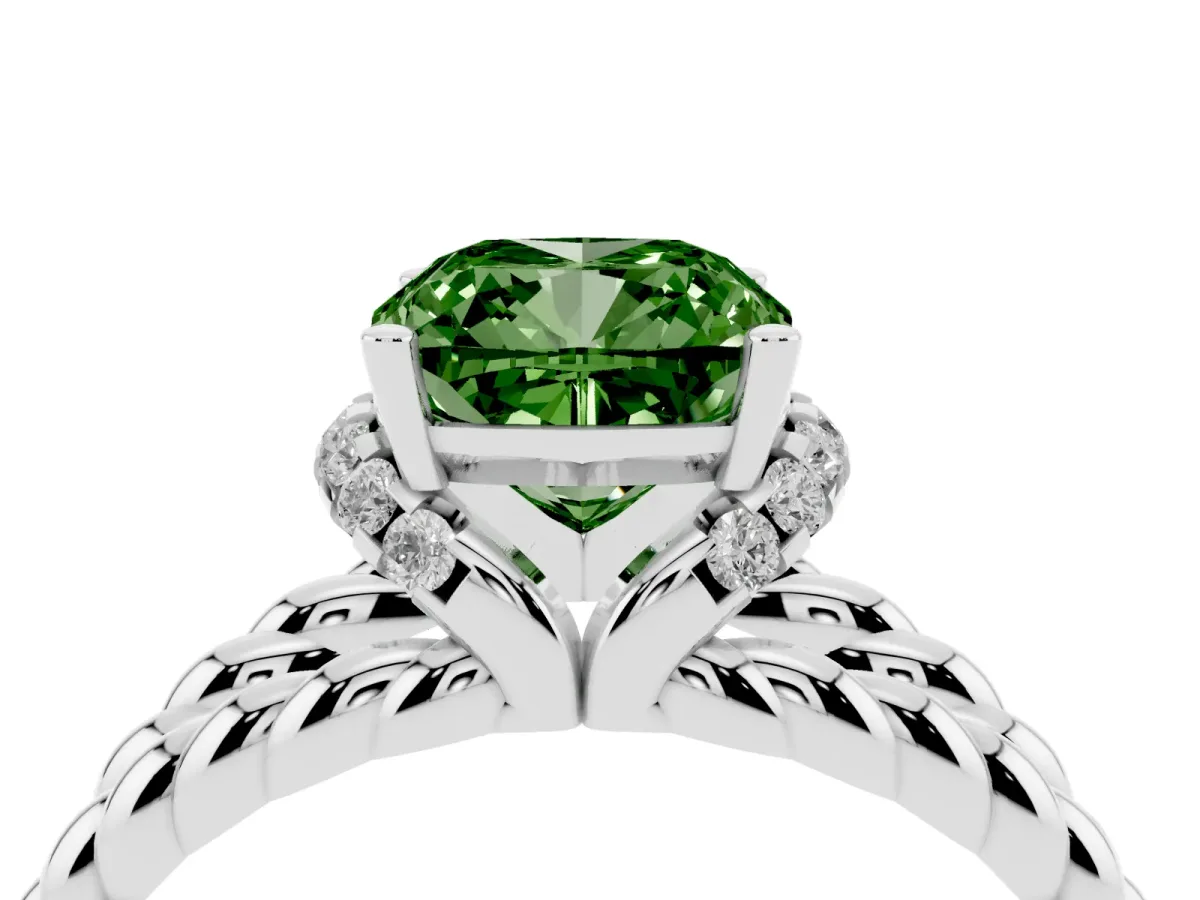 Fancy Green Cushion Cut Halo Twisted Band Four-Prong Ring Silver
