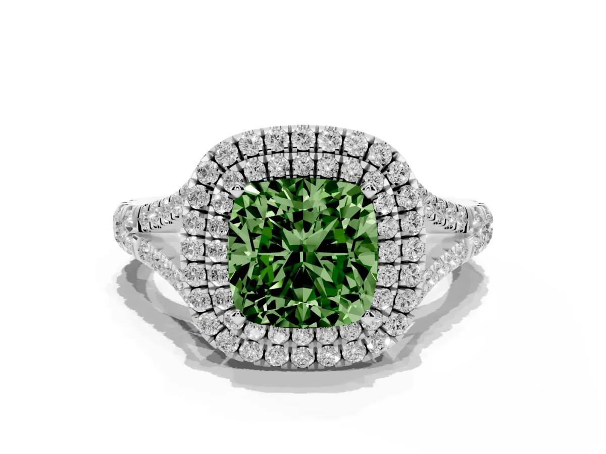 Fancy Green Cushion Cut Diamond Pavé Split Shank Double Halo Engagement Ring Silver