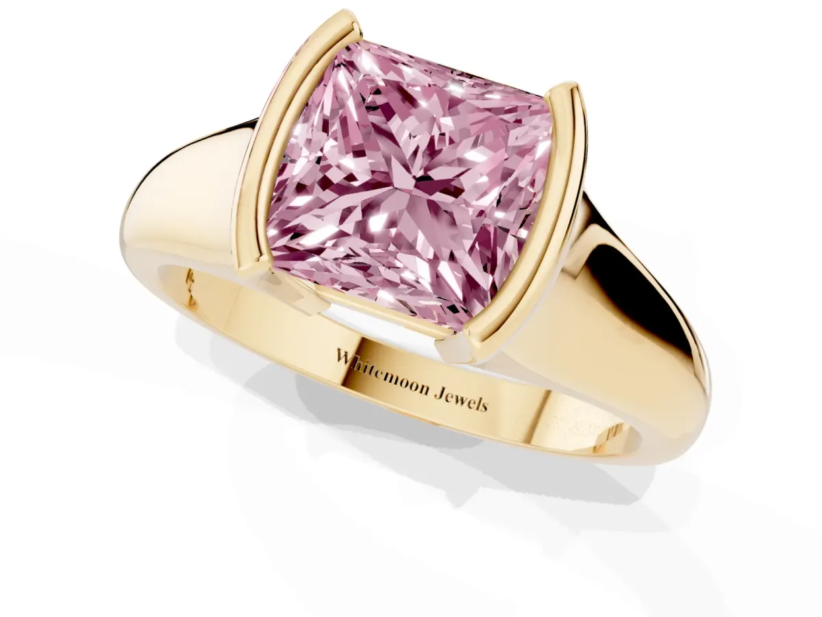 Fancy Pink Princess Cut Solitaire Tension Set Diamond Ring with Split Shank Band Yellow gold