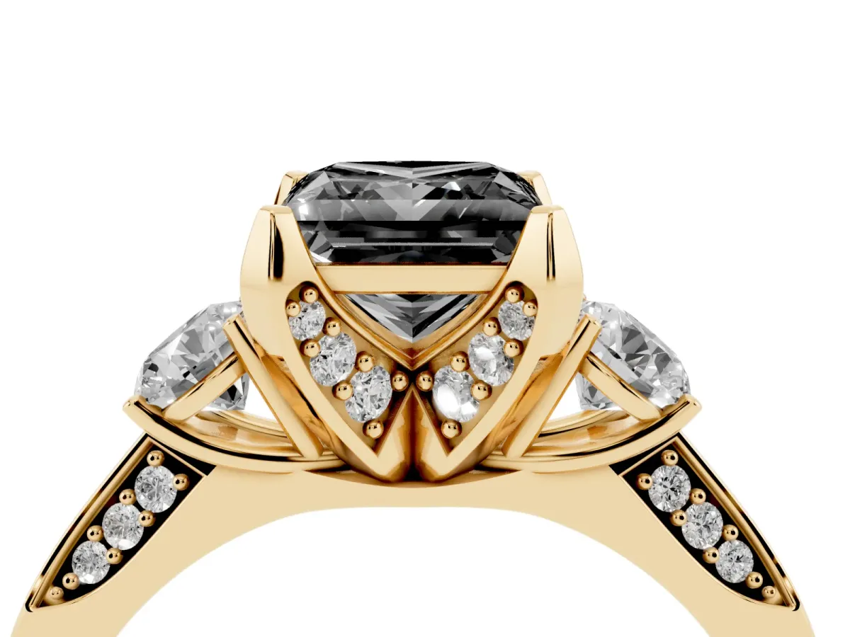 Fancy Black Princess Cut Brilliant Three-Stone Diamond Ring with Pavé Band and Four-Prong Setting Yellow gold