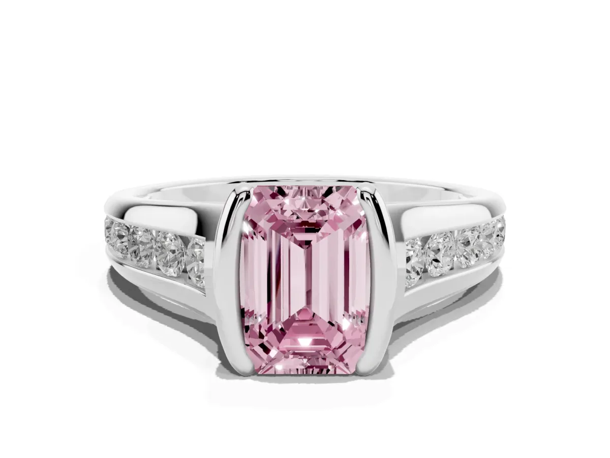 Fancy Pink Emerald Cut Solitaire Bezel-Set Diamond Ring with Channel-Set Band Platinum
