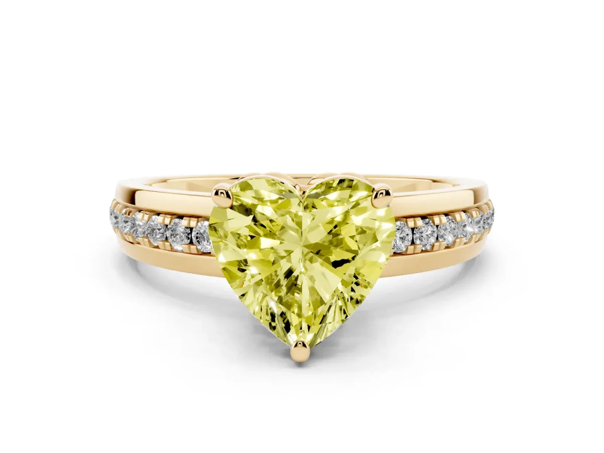 Fancy Yellow Heart Cut Solitaire Diamond Ring with Channel Set Band and Six-Prong Setting Yellow gold