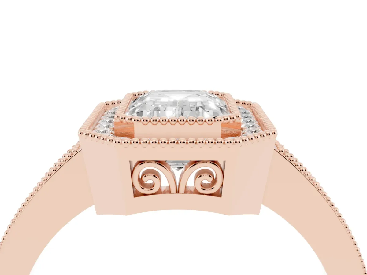 Emerald Cut Cut Halo Diamond Ring with Pavé Band and Milgrain Prong Setting Rose gold