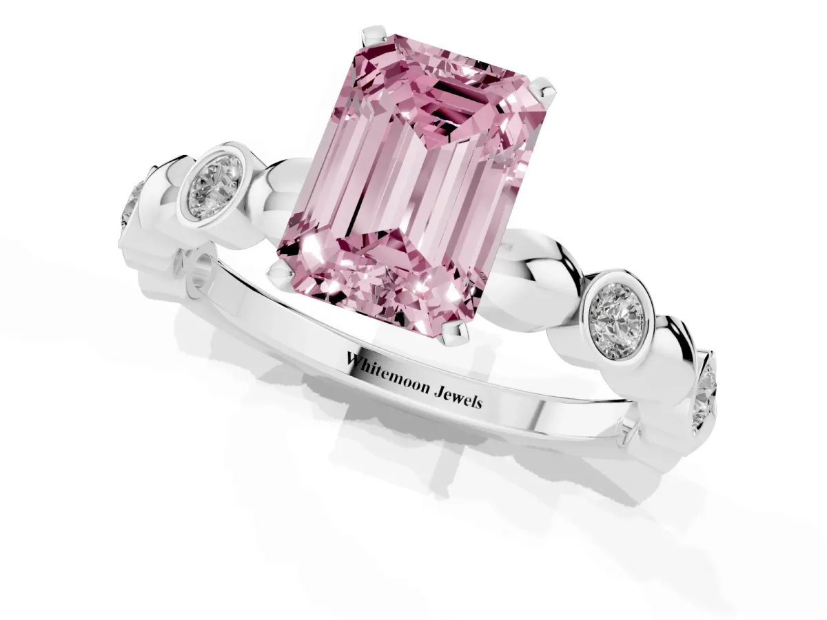 Fancy Pink Emerald Cut Solitaire Bezel-Set Diamond Ring with Beaded Band and Four-Prong Setting Silver