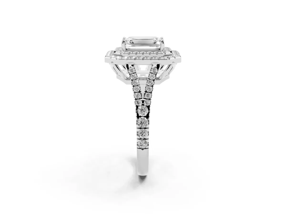 Emerald Cut Diamond Double Halo Ring with Pavé Band and Prong Setting Silver