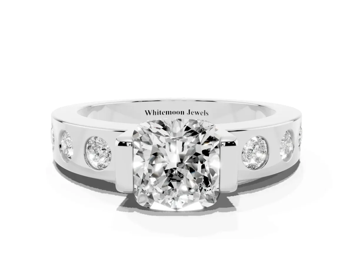 Cushion Cut Brilliant Channel-Set Diamond Ring with Bezel Prong Setting Silver