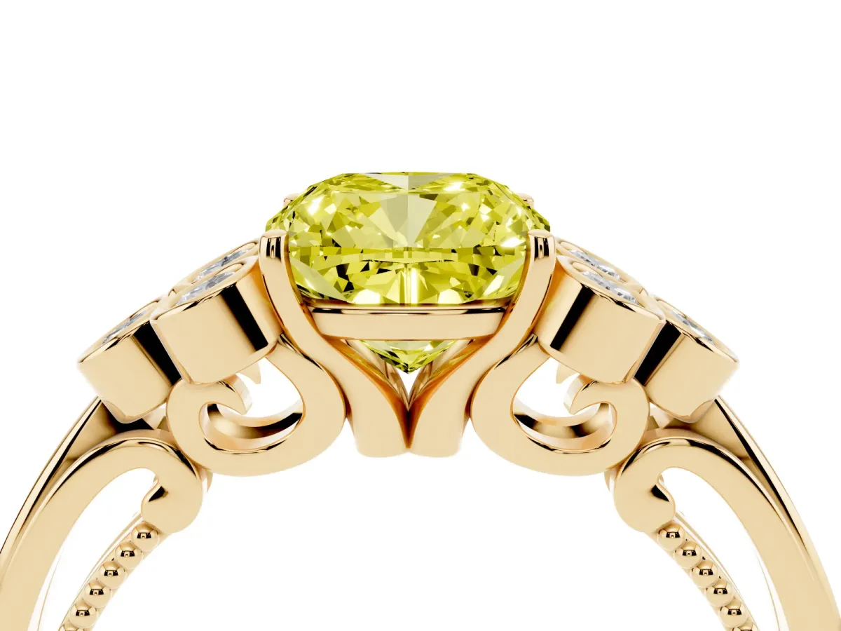 Fancy Yellow Cushion Cut Cut Diamond Engagement Ring with Bezel Set Round Side Stones and Prong Setting Yellow gold
