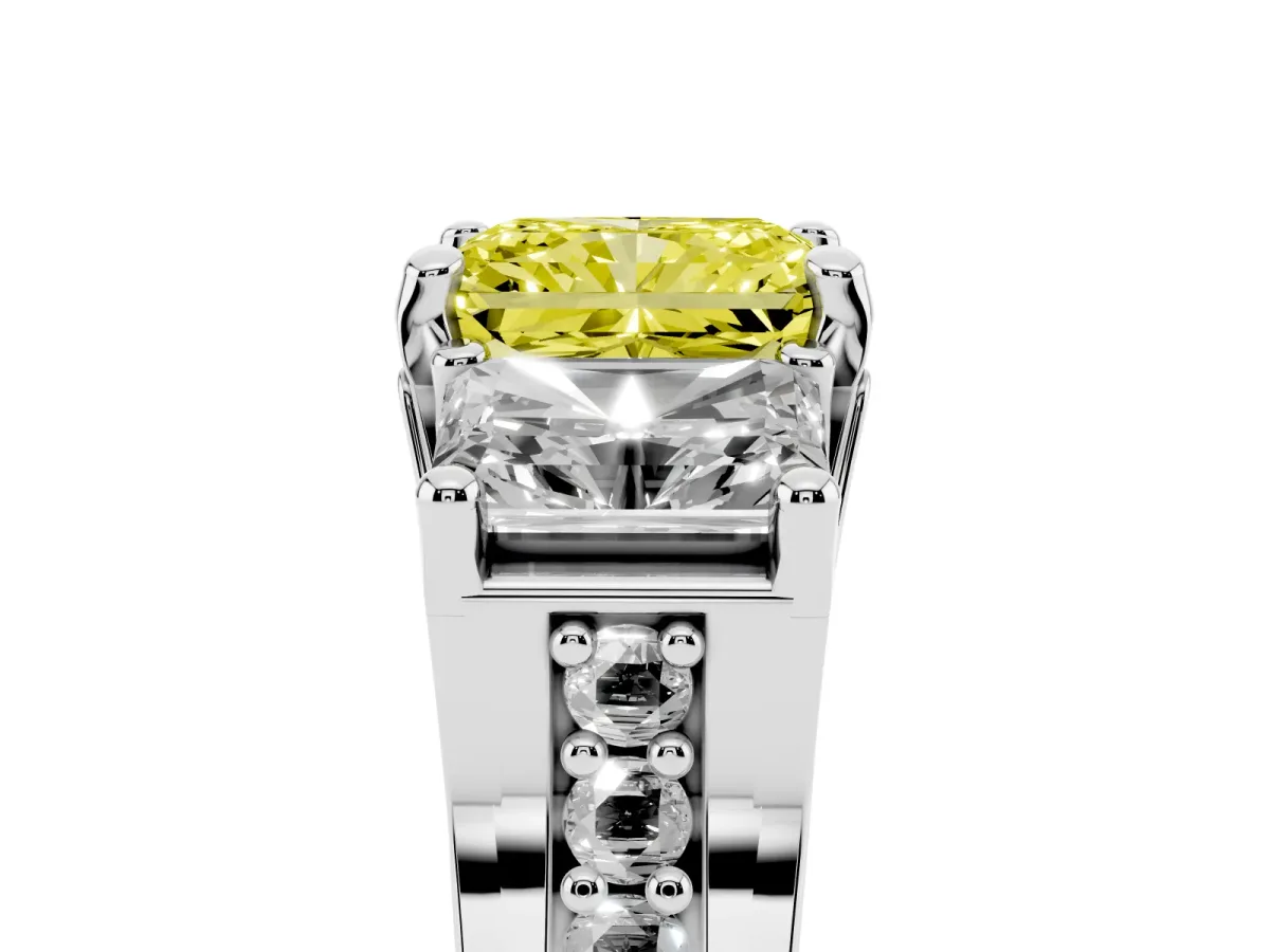 Fancy Yellow Radiant Cut Diamond Three-Stone Ring with Channel Set Band and Four-Prong Setting Silver