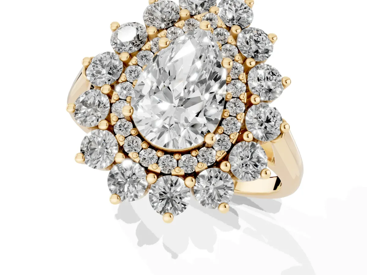 Pear Cut Diamond Floral Double Halo Engagement Ring with Prong Setting Yellow gold