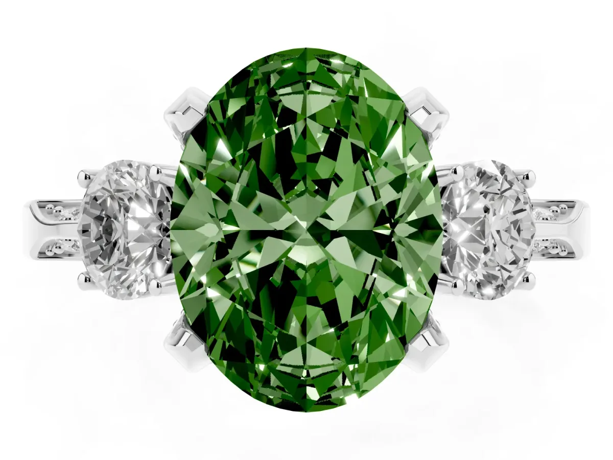 Fancy Green Oval Cut Brilliant Three-Stone Diamond Ring with Pavé Band and Four-Prong Setting White gold