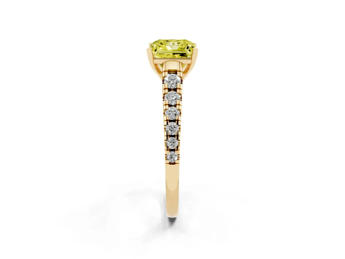 Fancy Yellow Princess Cut Diamond Cathedral Solitaire Ring with Round Pavé Band Yellow gold