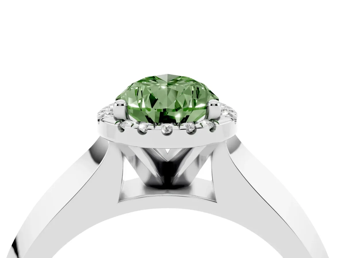 Fancy Green Pear Cut Halo Diamond Ring with Cathedral Band and Four-Prong Setting Silver