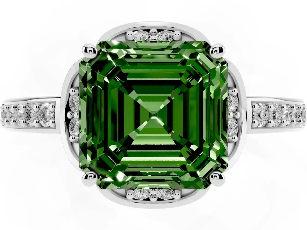 Fancy Green Asscher Cut Cut Halo Diamond Ring with Channel Set Band and Four-Prong Setting White gold